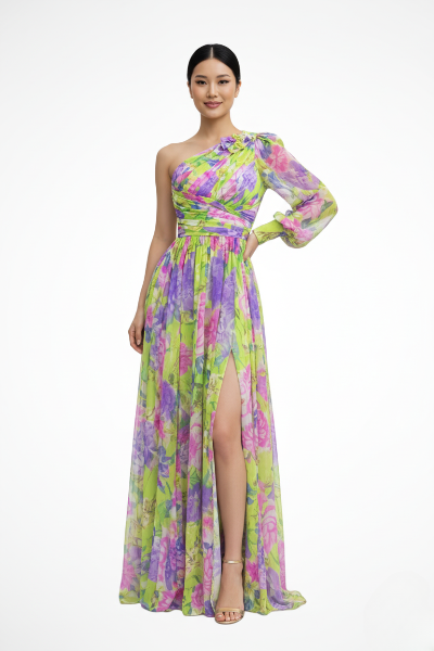 One-Shoulder Floral Wedding Guest Maxi Dress