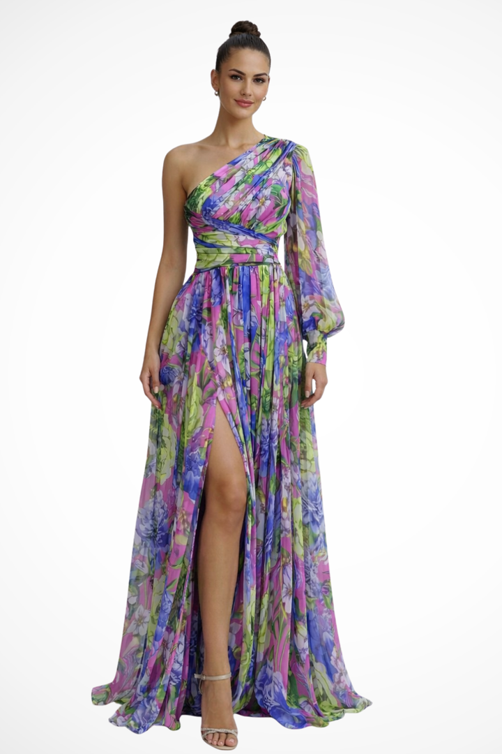 One-Shoulder Floral Wedding Guest Maxi Dress