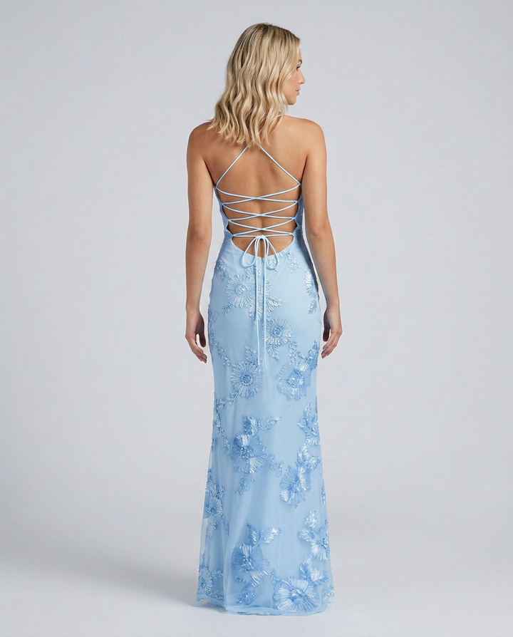 Angela | Maxi Dress with Floral Appliqué and Lace-Up Back