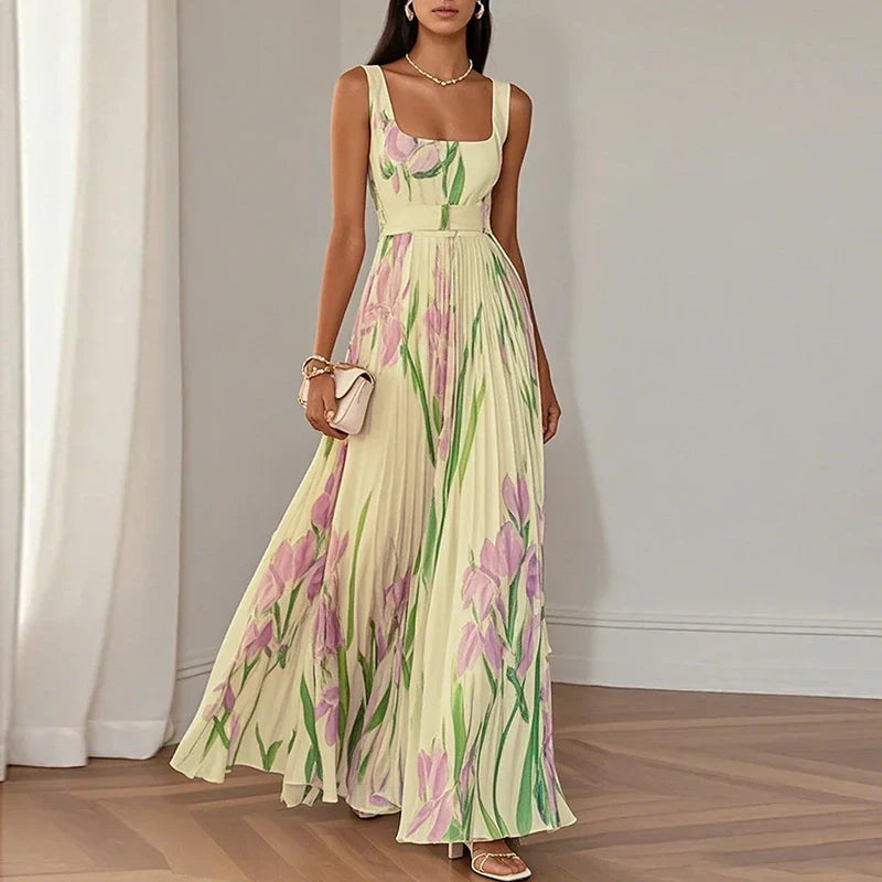 Floral Square Neck Pleated Wedding Guest Maxi Dress