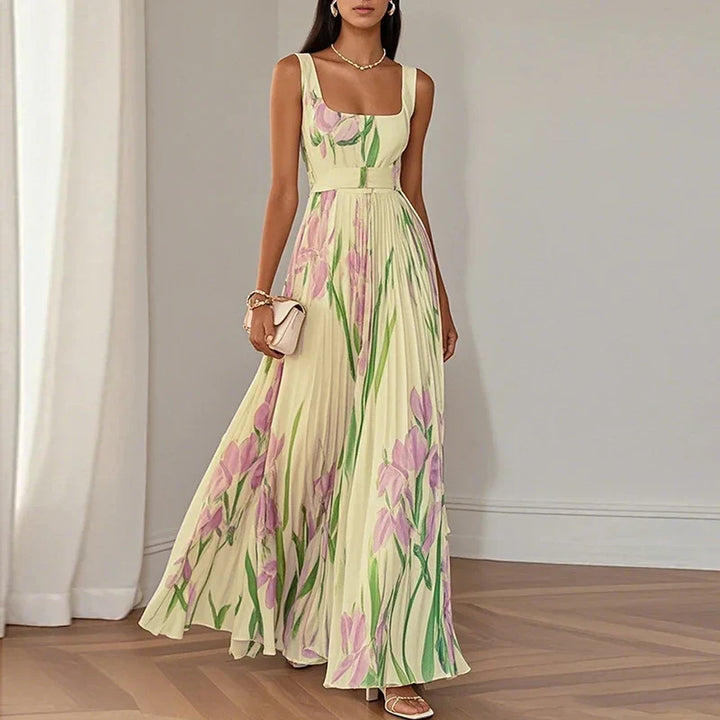 Floral Square Neck Pleated Wedding Guest Maxi Dress