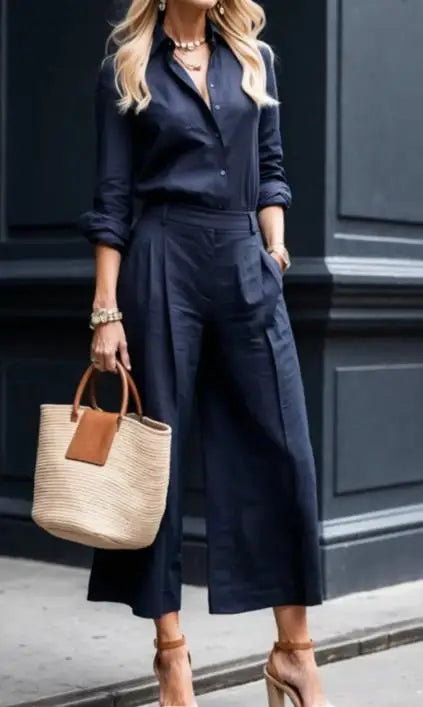 Women's Two Piece Set - Long-Sleeve Button-Down Shirt and High-Waist Wide-Leg Cropped Trousers