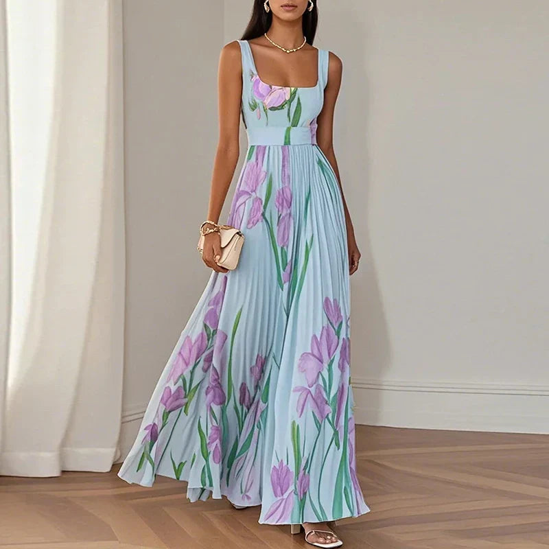 Floral Square Neck Pleated Wedding Guest Maxi Dress