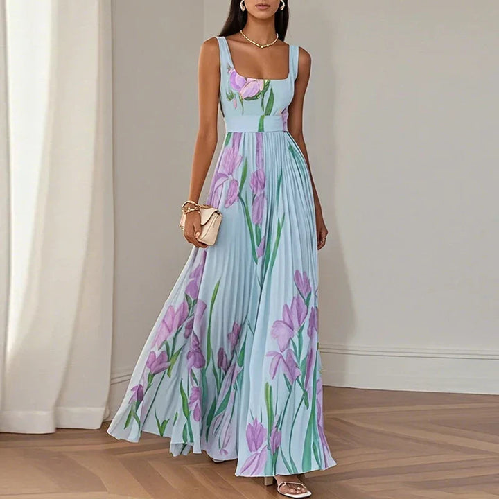 Floral Square Neck Pleated Wedding Guest Maxi Dress