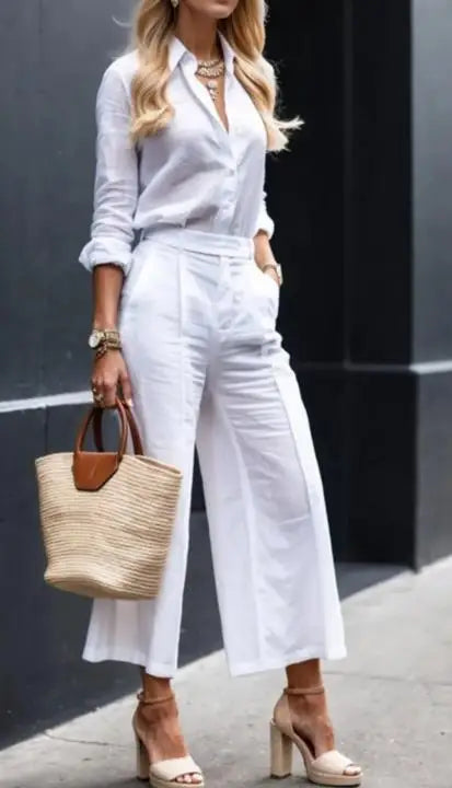 Women's Two Piece Set - Long-Sleeve Button-Down Shirt and High-Waist Wide-Leg Cropped Trousers