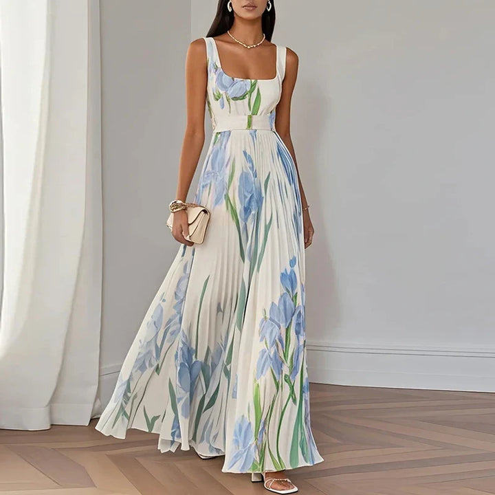 Floral Square Neck Pleated Wedding Guest Maxi Dress