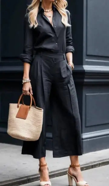Women's Two Piece Set - Long-Sleeve Button-Down Shirt and High-Waist Wide-Leg Cropped Trousers