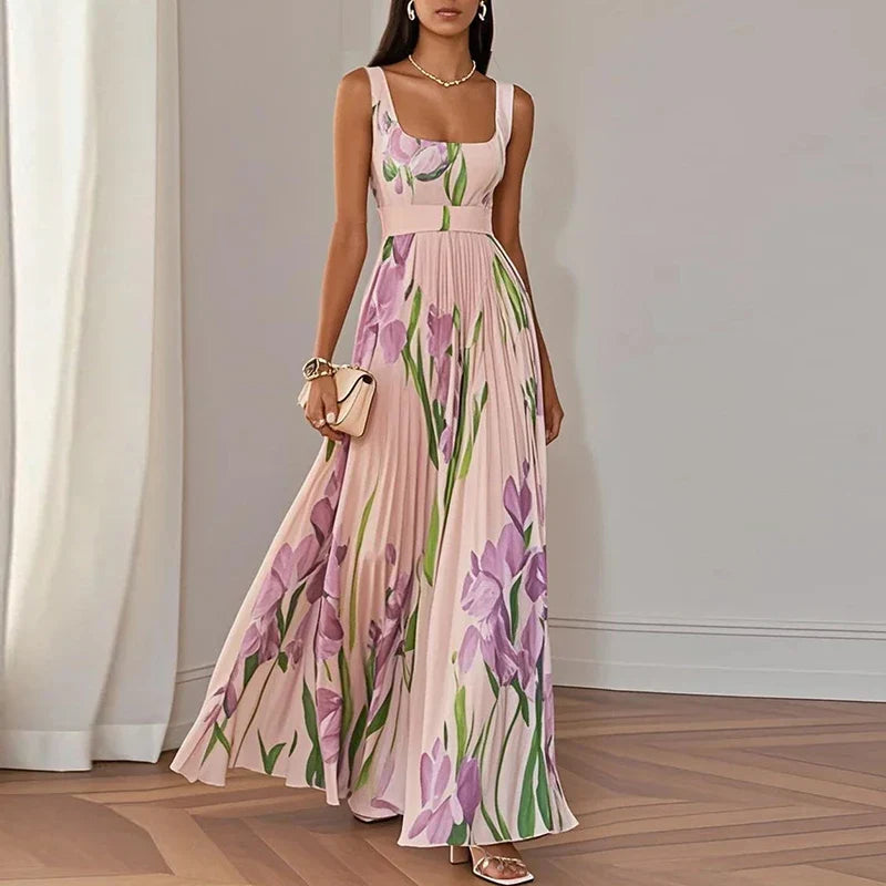 Floral Square Neck Pleated Wedding Guest Maxi Dress