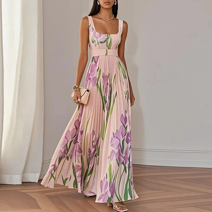 Floral Square Neck Pleated Wedding Guest Maxi Dress
