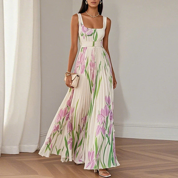 Floral Square Neck Pleated Wedding Guest Maxi Dress
