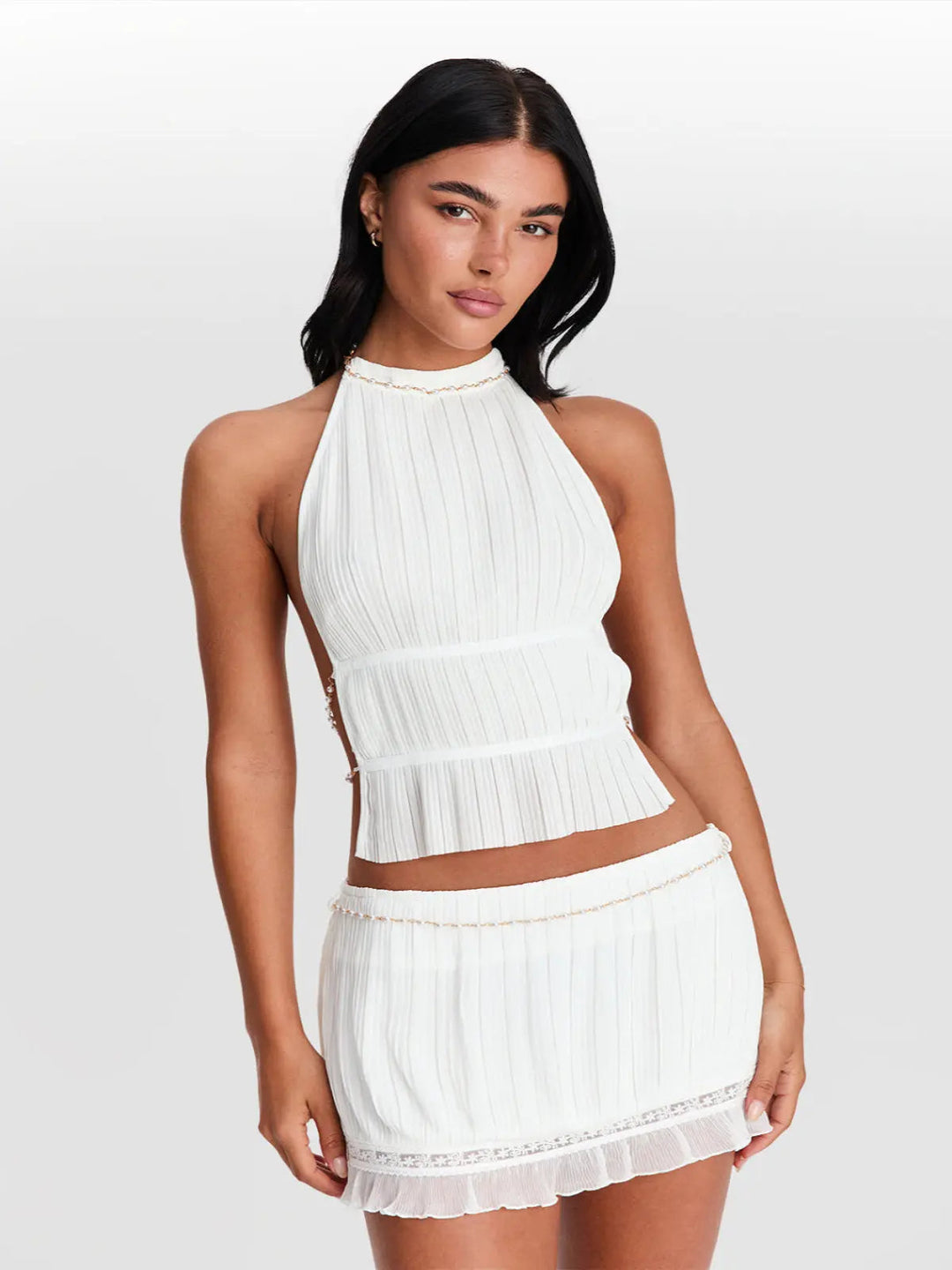Summer Sexy Pearl Chain Halter Backless Top-Set