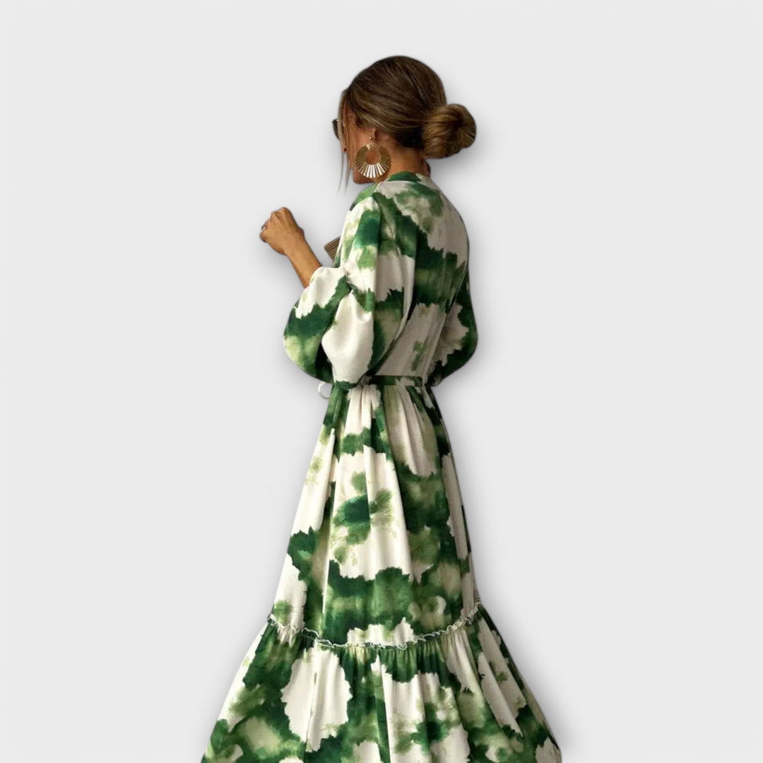 Melina - Green Maxi Dress with Long Sleeves and V-Neck