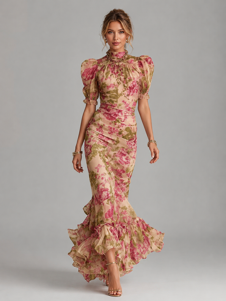 Floral Chiffon Puff Sleeve Fishtail Maxi Dress