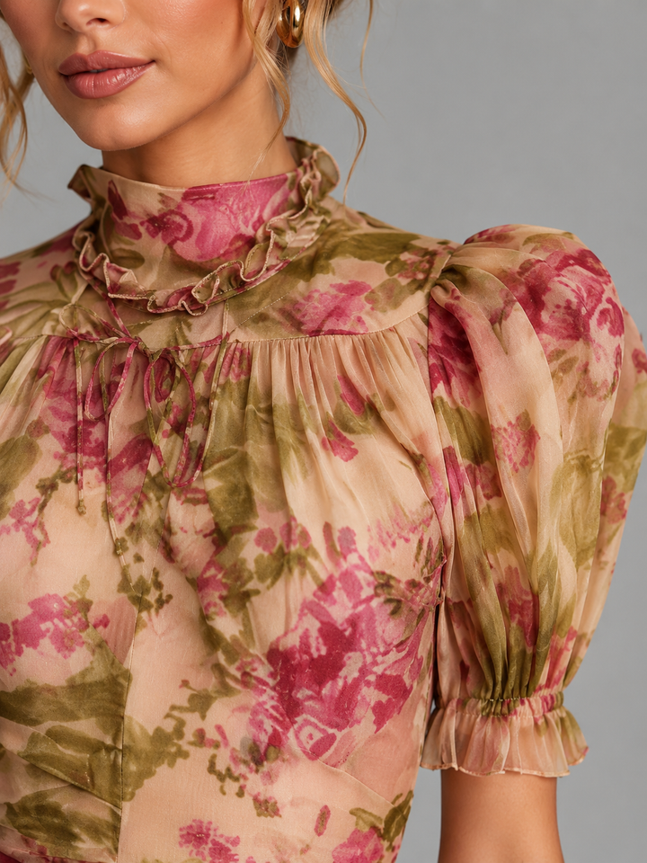 Floral Chiffon Puff Sleeve Fishtail Maxi Dress