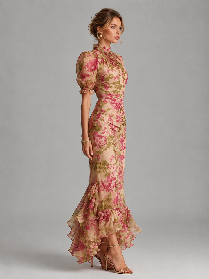 Floral Chiffon Puff Sleeve Fishtail Maxi Dress