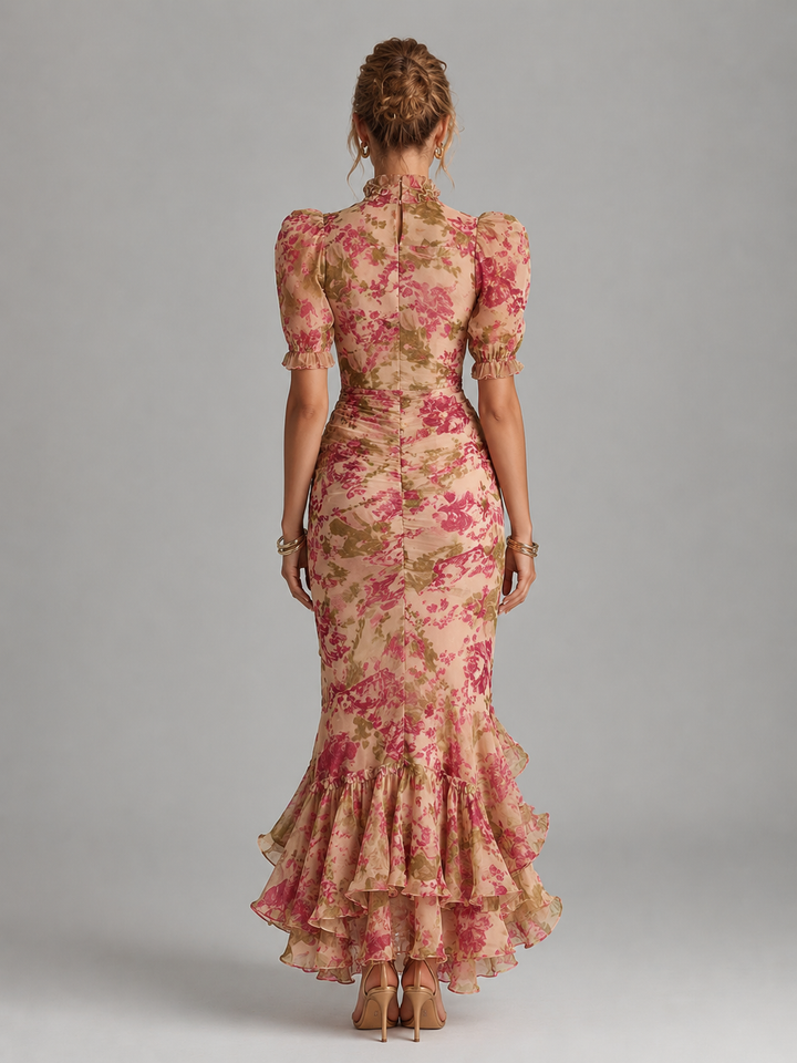 Floral Chiffon Puff Sleeve Fishtail Maxi Dress