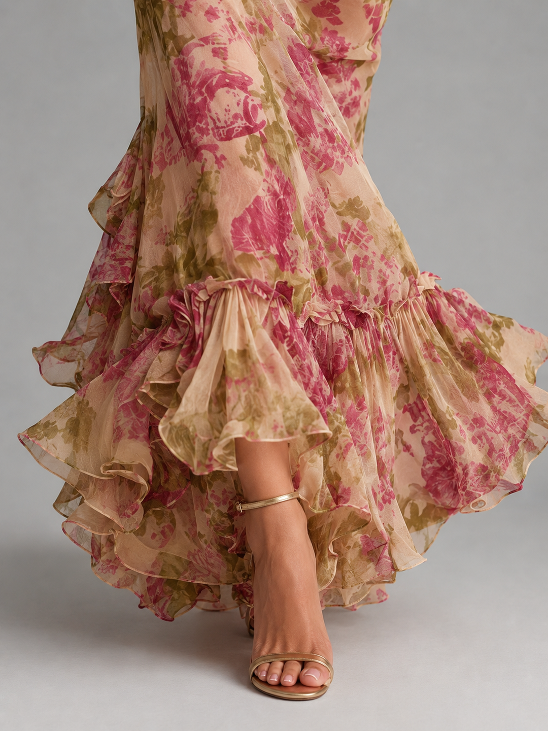 Floral Chiffon Puff Sleeve Fishtail Maxi Dress