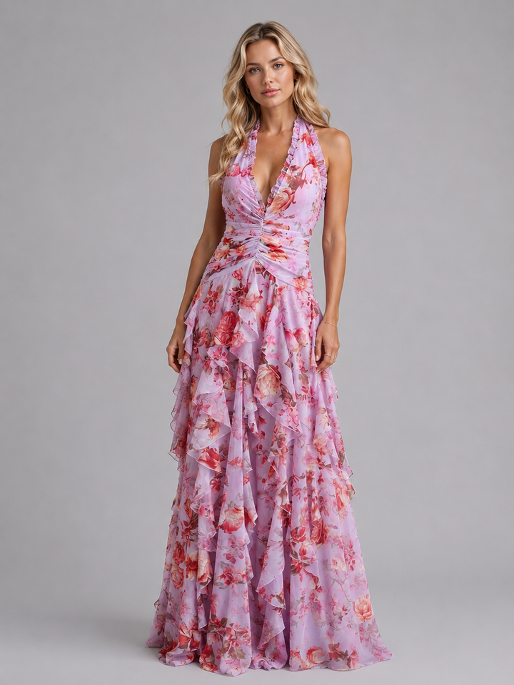 Floral Halter Wedding Guest Maxi Dress