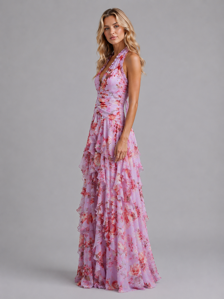 Floral Halter Wedding Guest Maxi Dress