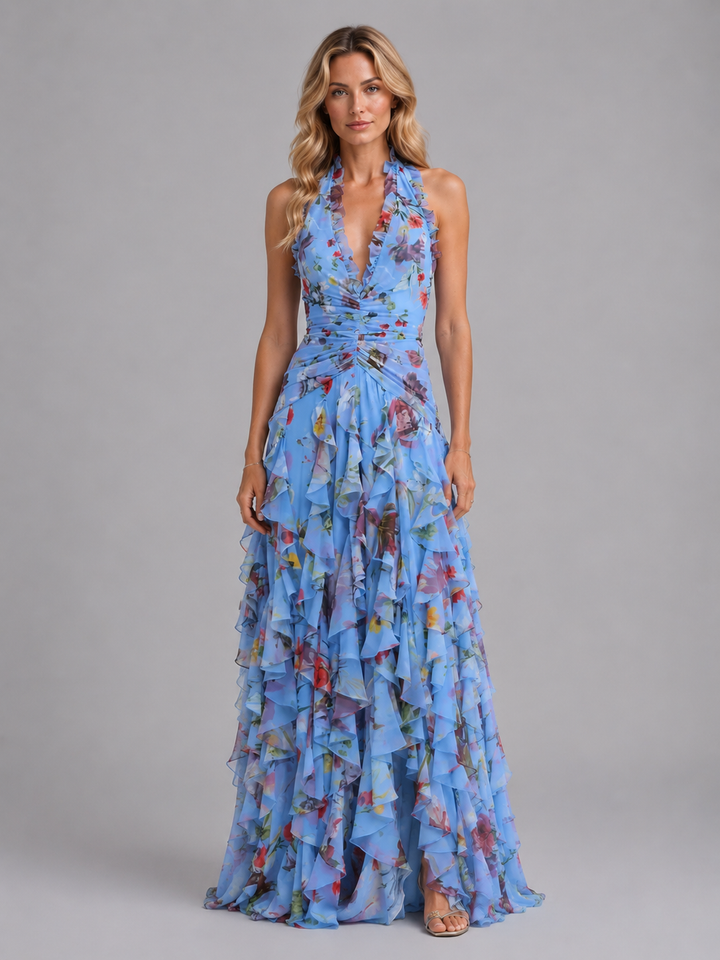 Floral Halter Wedding Guest Maxi Dress