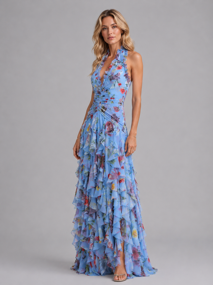 Floral Halter Wedding Guest Maxi Dress