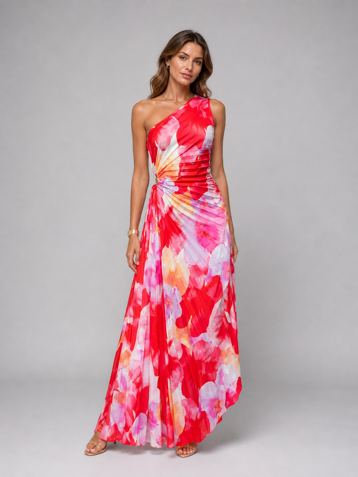 One-Shoulder Pleated Floral Wedding Guest Maxi Dress