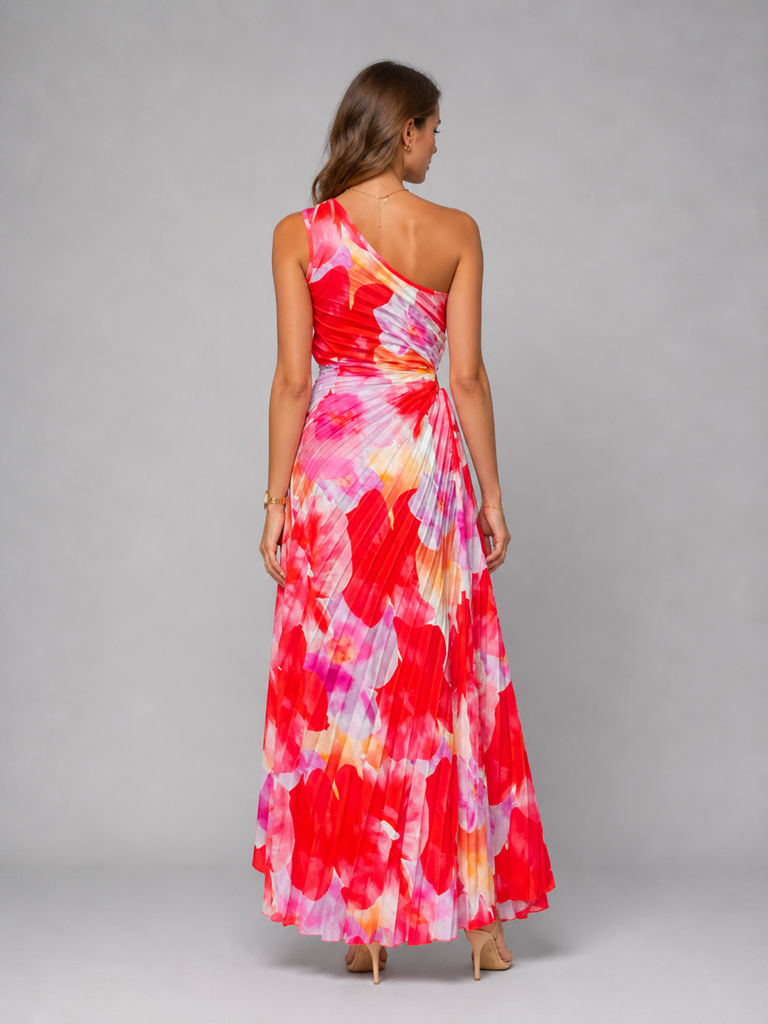 One-Shoulder Pleated Floral Wedding Guest Maxi Dress