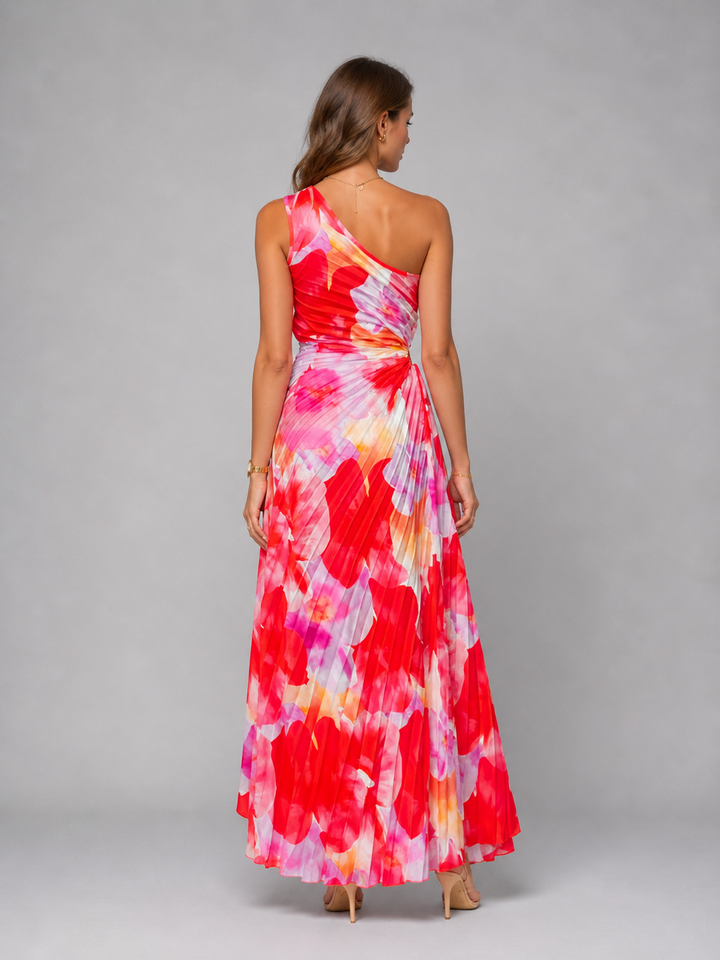 One-Shoulder Pleated Floral Wedding Guest Maxi Dress