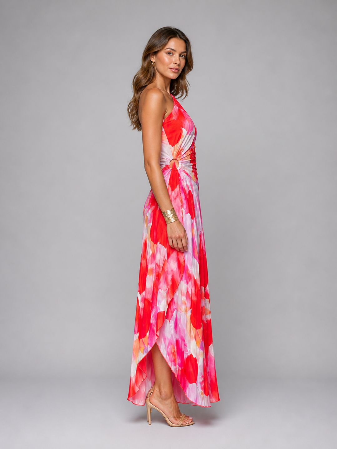 One-Shoulder Pleated Floral Wedding Guest Maxi Dress