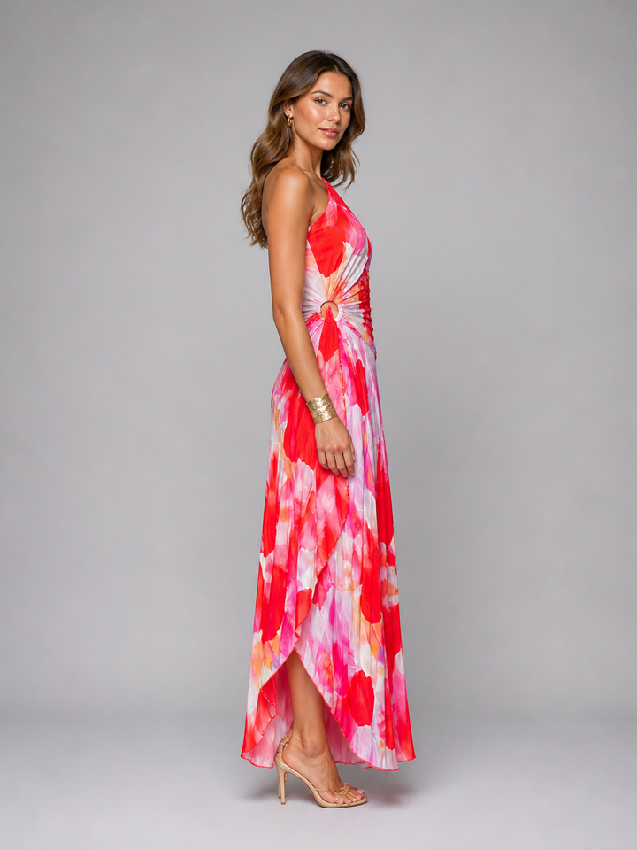 One-Shoulder Pleated Floral Wedding Guest Maxi Dress