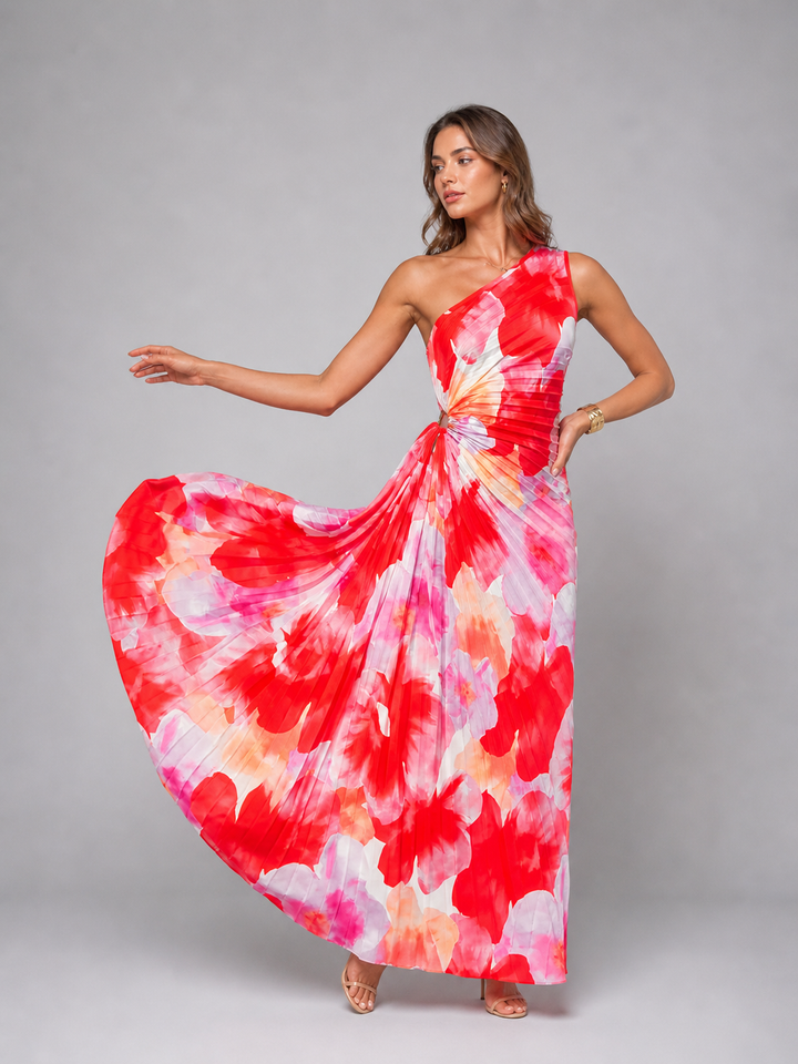 One-Shoulder Pleated Floral Wedding Guest Maxi Dress