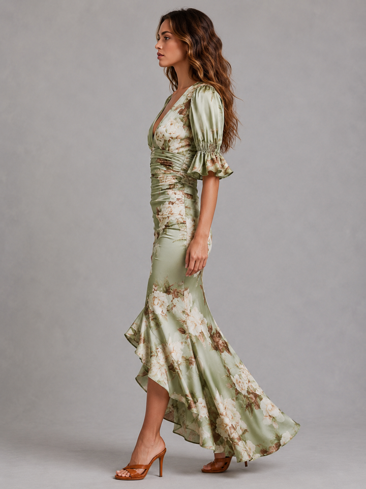 Floral Satin Ruched Waist Maxi Dress