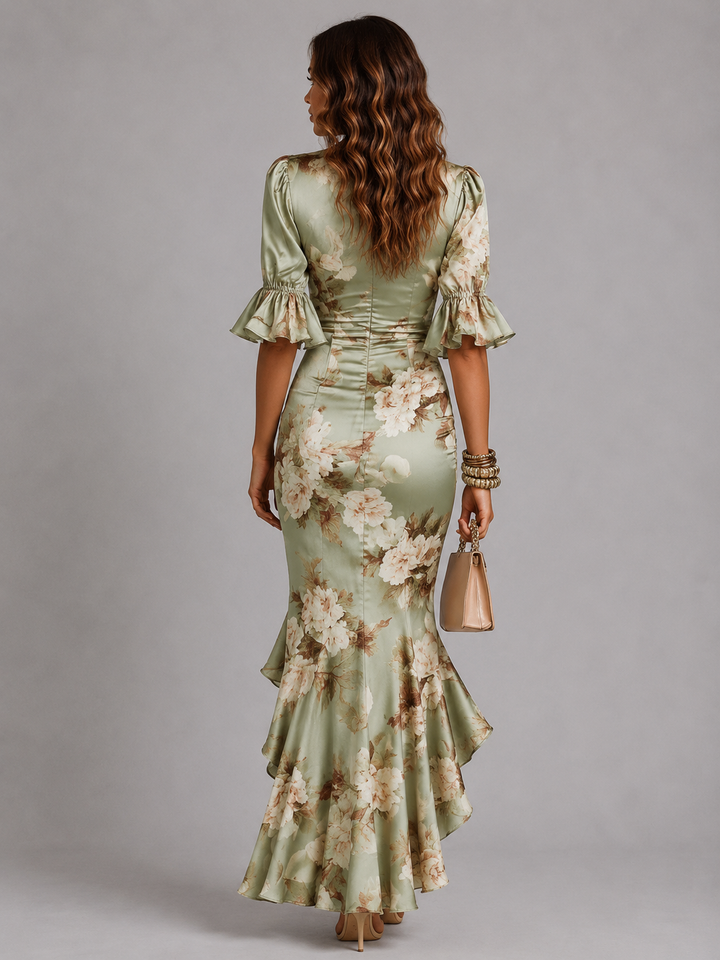 Floral Satin Ruched Waist Maxi Dress