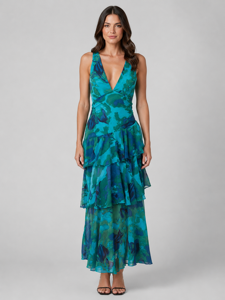 Tiered Ruffle V-Neck Maxi Dress