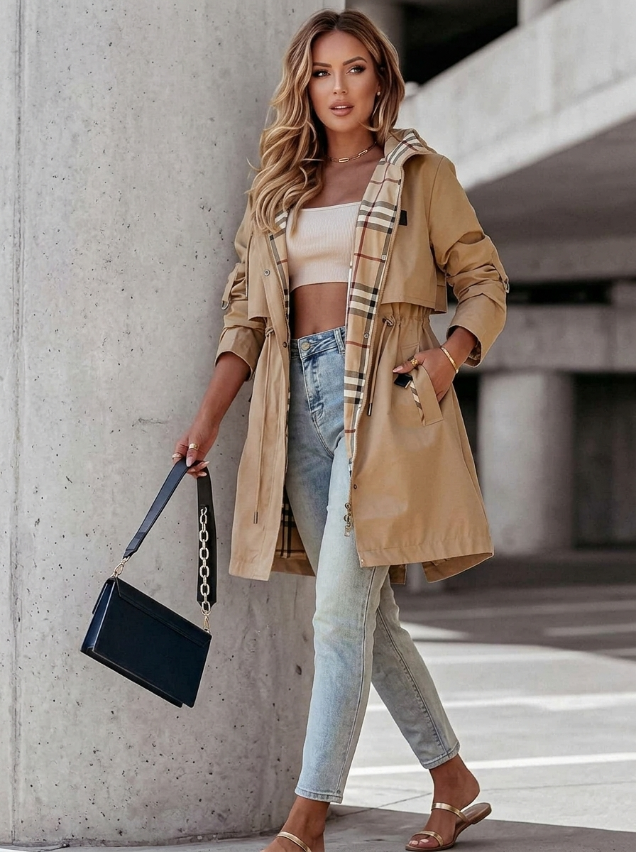 Fern | Refined Women's Hooded Trench Coat with Plaid Lining and Drawstring Waist