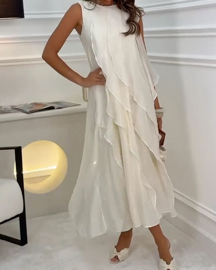 Round Neck Sleeveless Ruffle Asymmetrical Maxi Dress