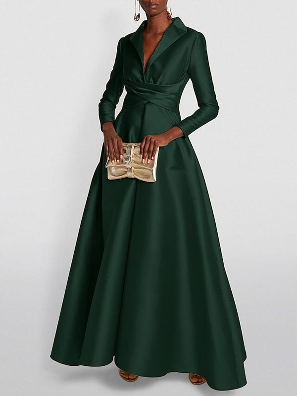 Solid Colour A-Line Maxi Dress – High-Waisted V-Neck