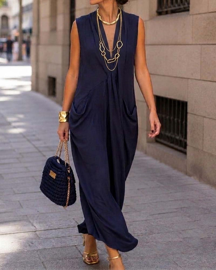 Sleeveless V-Neck Pocket Shirred Maxi Dress