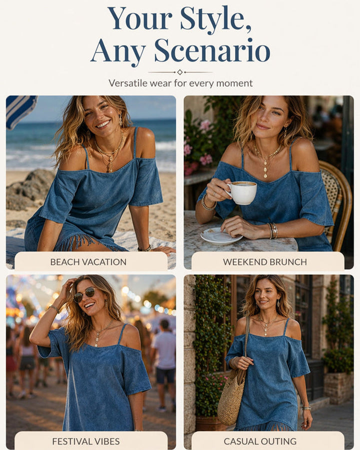 Blue Spaghetti Strap Off-Shoulder Fringe Maxi Dress