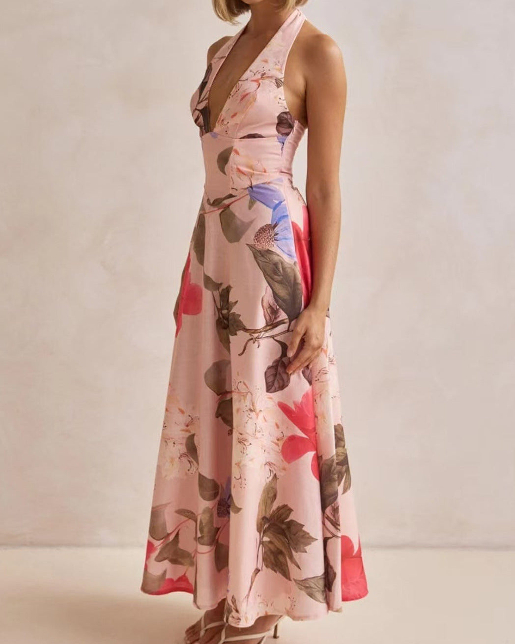 Floral Backless Halter Maxi Dress