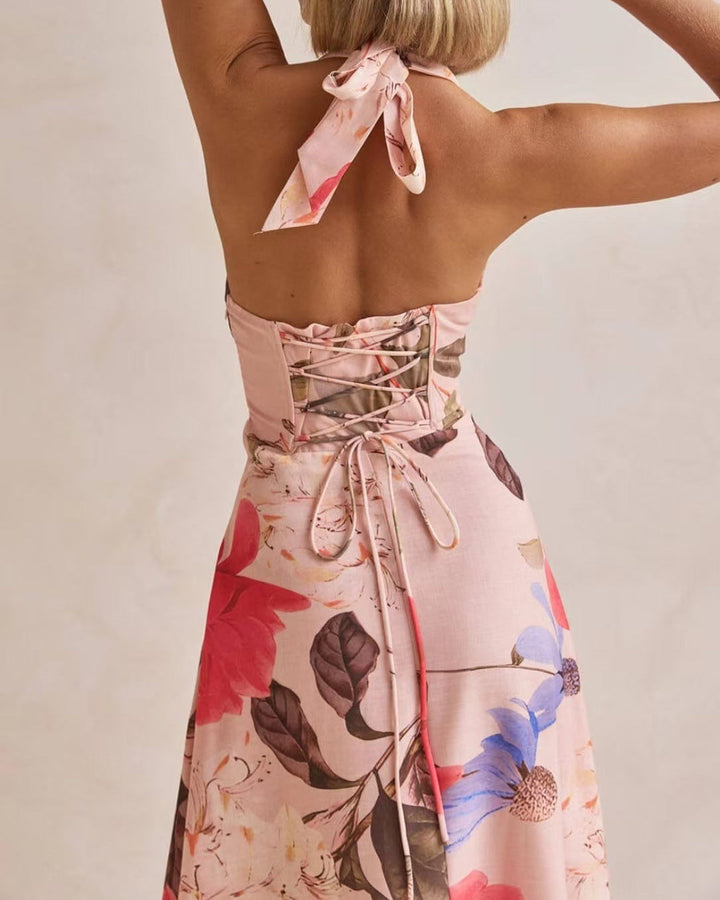 Floral Backless Halter Maxi Dress