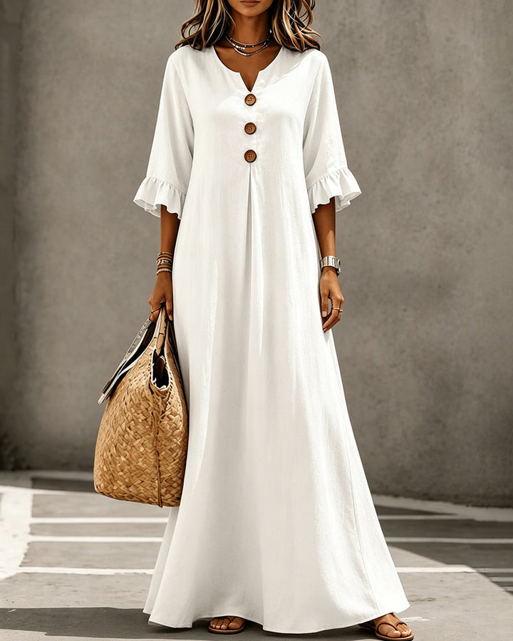 V-Neck Button Ruffle Full Skirt Maxi Dress