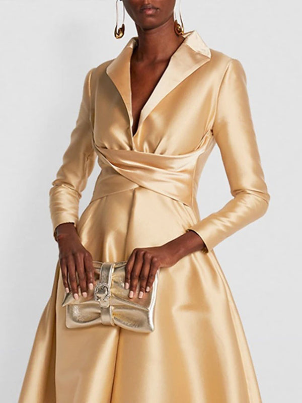 Solid Colour A-Line Maxi Dress – High-Waisted V-Neck