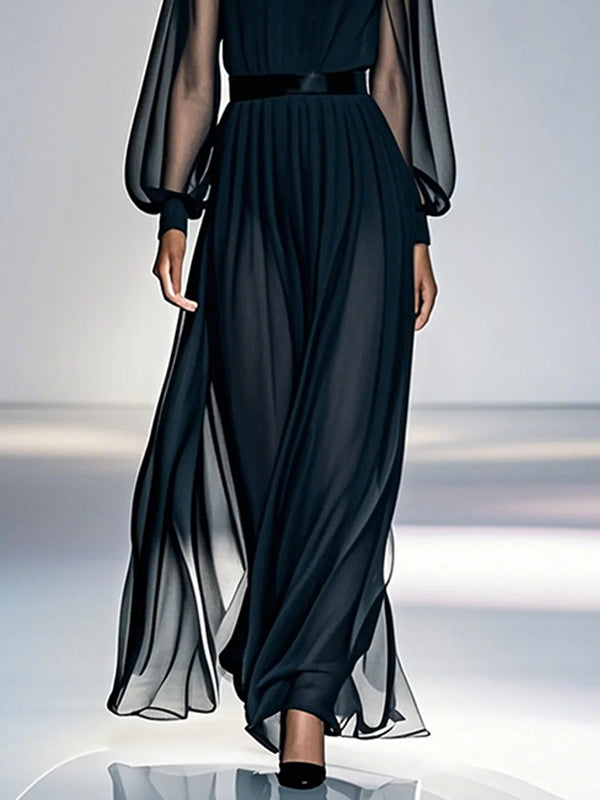 Gauze Maxi Dress – Pleated Round Neck, Layered Look