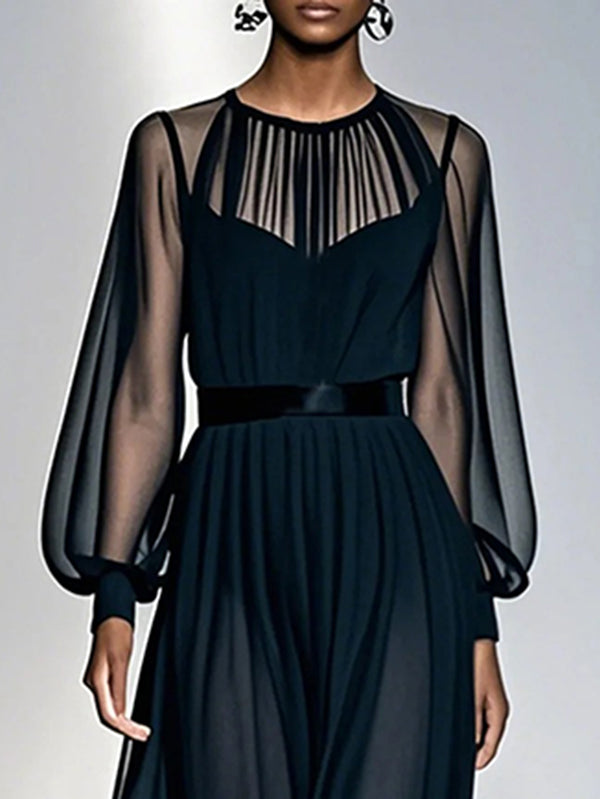 Gauze Maxi Dress – Pleated Round Neck, Layered Look