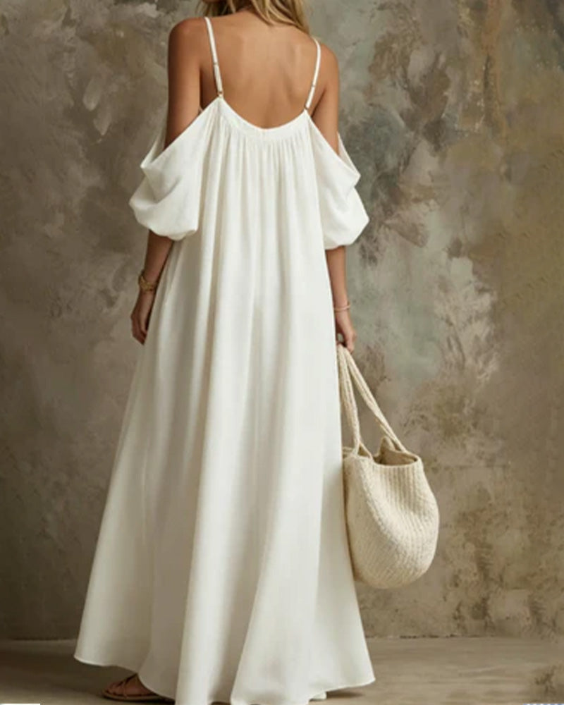 White Strappy Off-Shoulder Pocket Maxi Dress