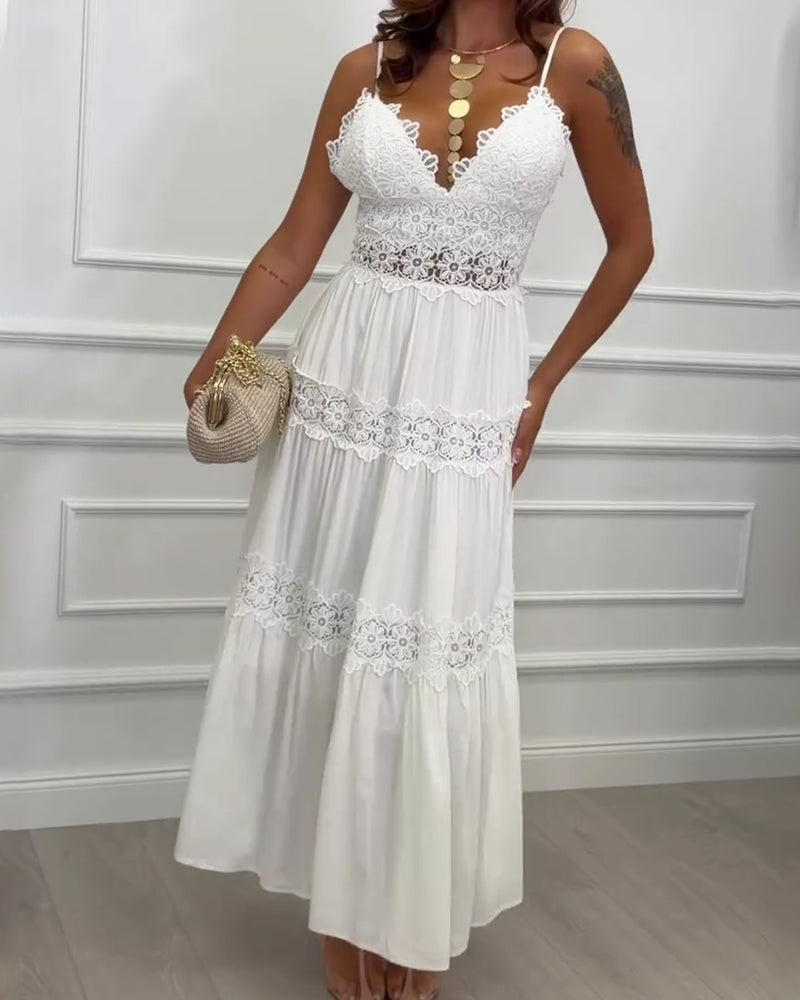 Lace Patchwork Spaghetti Strap V-Neck Maxi Dress