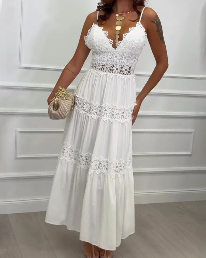 Lace Patchwork Spaghetti Strap V-Neck Maxi Dress