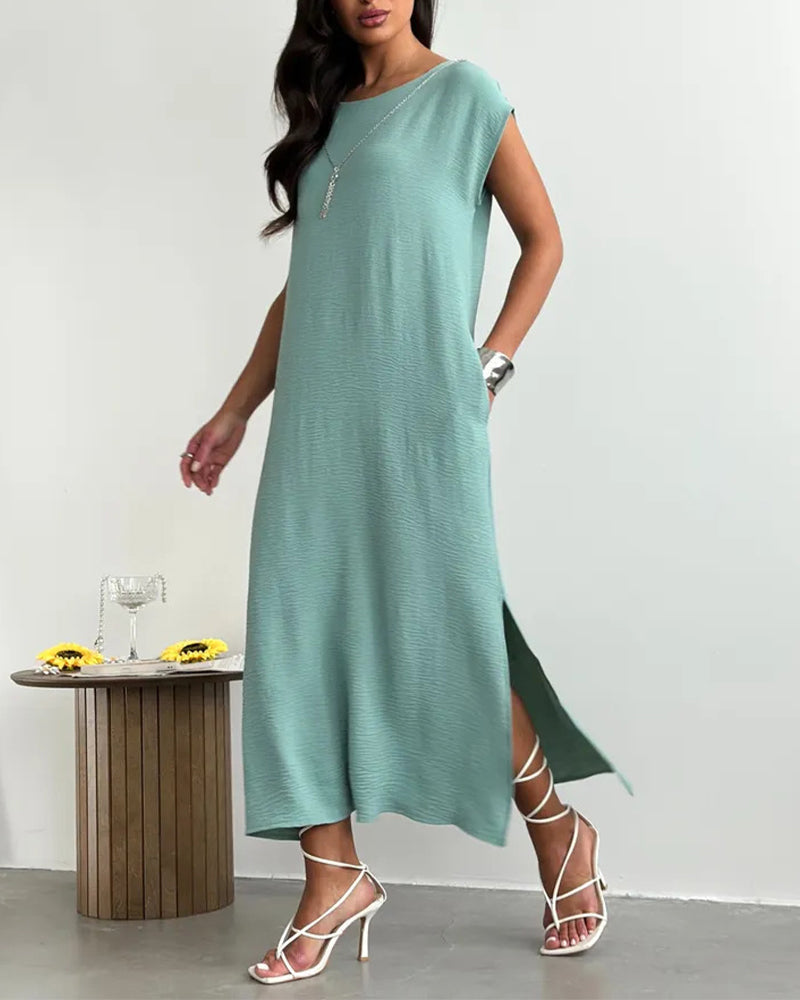 Solid Round Neck Short Sleeve Slit Loose Maxi Dress