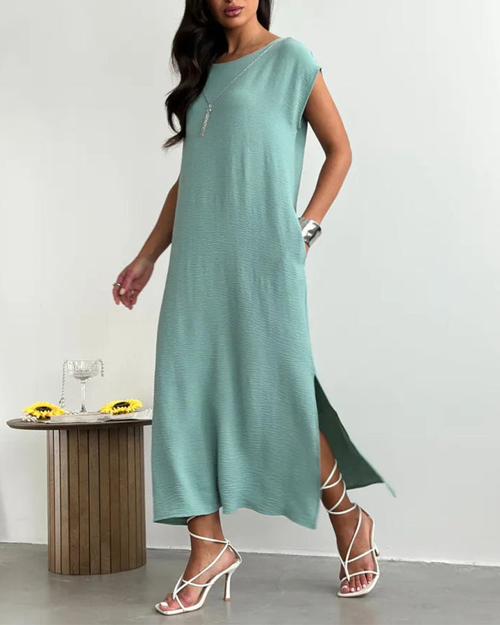 Solid Round Neck Short Sleeve Slit Loose Maxi Dress